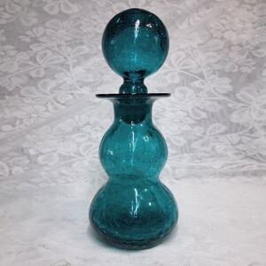 Vintage Blenko Glass Decanter Bottle Gurgle Teal Blue Green Crackle